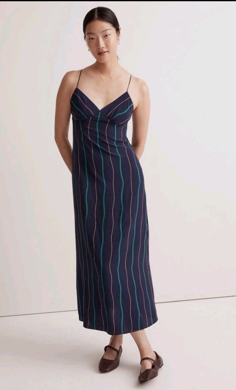 Madewell Blue Green Striped The Layton Midi Slip Dress Size 2